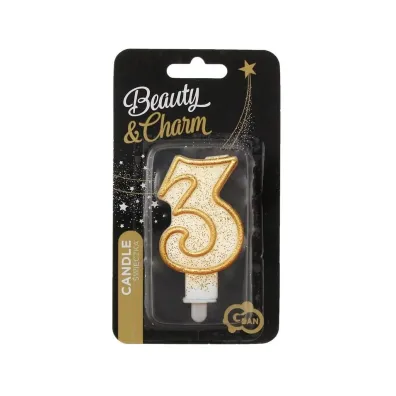 Godan �wieczka cyferka 3, z�oty kontur 9cm