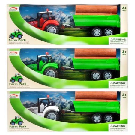 Traktor biay z przyczep, na ktrej znajduj sie imitacja ziemi z kpkami trawy Mega Creative