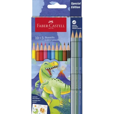 Faber-Castell Kredki sze�ciok�tne edycja dinozaury 10 kol. standardowych + 3 kol. metaliczne + naklejki
