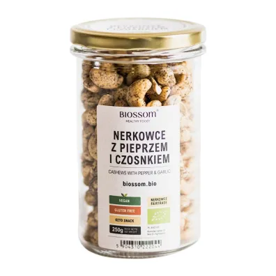 Biossom Orzechy nerkowca z pieprzem i czosnkiem bezglutenowe 250 g Bio