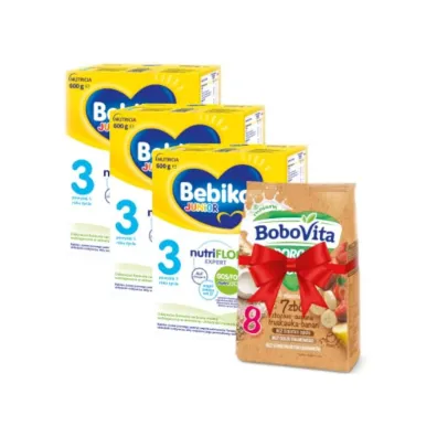 Bebiko Junior 3 Od�ywcza formu�a na bazie mleka dla dzieci powy�ej 1. roku �ycia + BoboVita Porcja Zb� Kaszka mleczna 7 zb� zbo�owo-owsiana truskawka-banan po 8. miesi�cu GRATIS Zestaw 3 x 600 g + 210 g