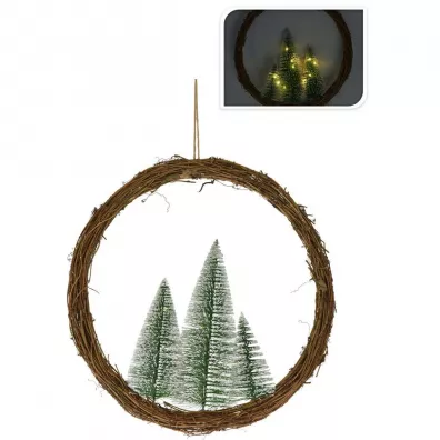 H&S Decoration Wianek rattanowy z choinkami Led 40 cm Brzowy