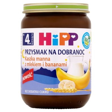 Hipp Przysmak na Dobranoc Kaszka manna z mlekiem i bananami po 4. miesiącu 190 g Bio