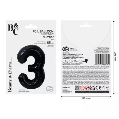 Godan Balon foliowy B&C cyfra 3 matowa czarna 85cm