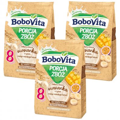 BoboVita Porcja zbóż Delikatna mleczna owsianka z ryżem mango-marakuja-banan po 8. miesiącu Zestaw 3 x 210 g