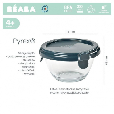 Beaba Okrgy pojemnik soiczek szklany Pyrex z hermetycznym zamkniciem dark blue 200 ml