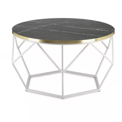 Stolik Diamond 70 cm blat czarny marmur ze zotym rantem i biay stela