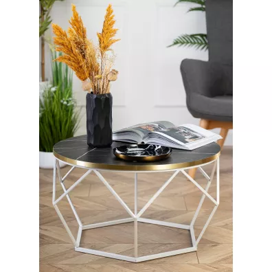 Stolik Diamond 70 cm blat czarny marmur ze zotym rantem i biay stela