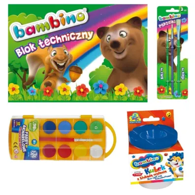 Pakiet Ma�y artysta. Blok techniczny A4 Bambino, Farby akwarelowe, P�dzelki, Kubek do p�ukania p�dzli