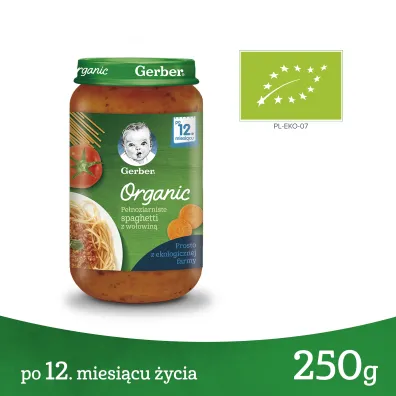 Gerber Organic Obiadek pe�noziarniste spaghetti z wo�owin� dla niemowl�t po 12 miesi�cu 250 g Bio