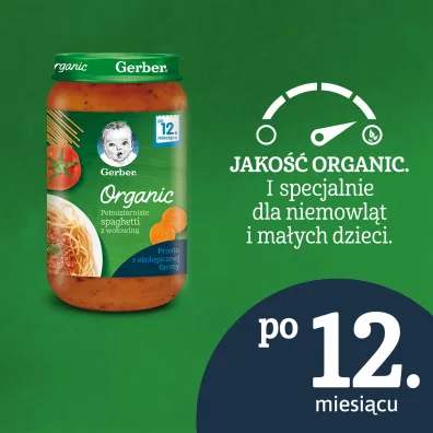 Gerber Organic Obiadek pe�noziarniste spaghetti z wo�owin� dla niemowl�t po 12 miesi�cu 250 g Bio