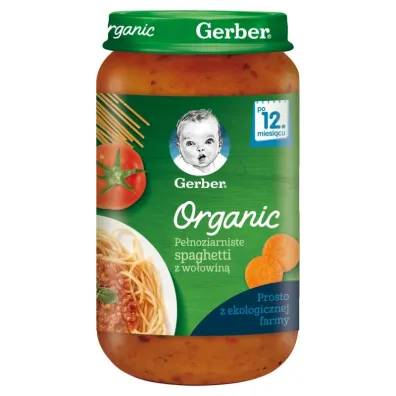 Gerber Organic Obiadek pe�noziarniste spaghetti z wo�owin� dla niemowl�t po 12 miesi�cu 250 g Bio