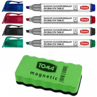 Marker do tablic bia�ych 4 kolory + g�bka TOMA