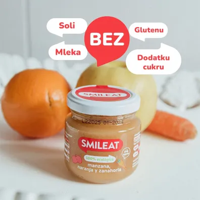 Smileat Deser z ekologicznymi jabłkami, marchewką i pomarańczą po 6 miesiącu 130 g Bio Smileat Deser z ekologicznymi jabłkami, marchewką i pomarańczą po 6 miesiącu 130 g Bio