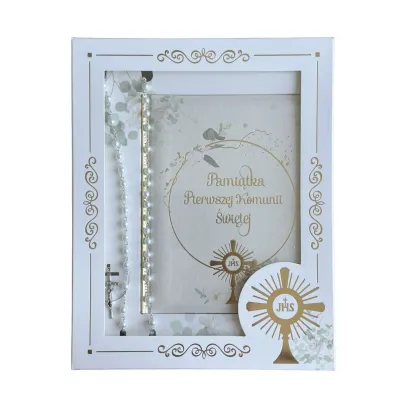 Pami�tka Pierwszej Komunii �wi�tej w pude�ku z prezentem (r�a�cem)