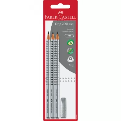 Faber-Castell Grip 2001 set srebrny 3x o��wek hb +gumka nak�adka blister 3 szt.