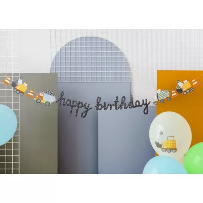 PartyDeco Baner Happy birthday Pojazdy budowlane 2 m