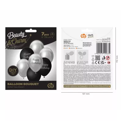 Godan Balony B&C srebrno-czarny Happy Birthday 7 szt.