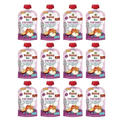 Holle Mus Ta�cz�cy Dinozaur (jab�ko - bor�wka - �liwka) bezglutenowy od 6 miesi�ca Demeter Zestaw 12 x 100 ml Bio