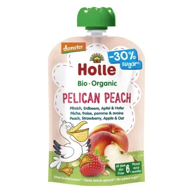 Holle Mus Brzoskwiniowy Pelikan (brzoskwinia - truskawka - jab�ko - owies) bezglutenowy po 6. miesi�cu �ycia Demeter 100 g Bio