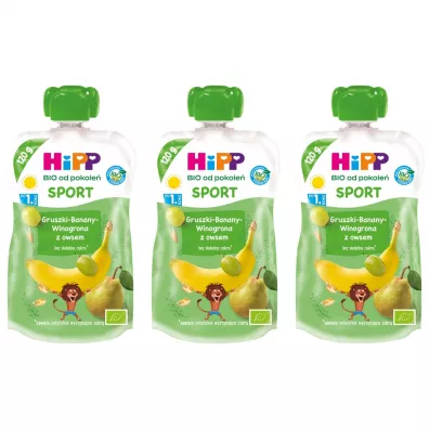 Hipp Sport Mus owocowy po 1. roku gruszki-banany-winogrona z owsem zestaw 3 x 120 g Bio