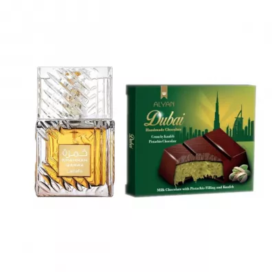 Lattafa Woda perfumowana Khamrah Qahwa + Alyan Dubajska Czekolada Mleczna z Nadzieniem Pistacjowym i Kunaf Zestaw 100 ml + 100 g