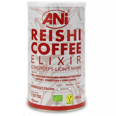 Ani Kawa rozpuszczalna arabica z grzybami reishi + cordyceps + lion`s mane 100 g Bio