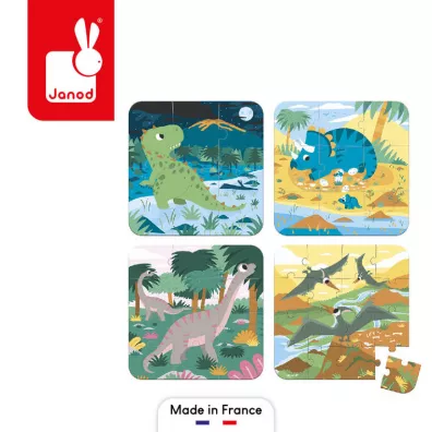 Puzzle progresywne w walizce Dinozaury 4 ukadanki – 6, 9, 12 i 16 elementw 2+, Made in France,  (stary indeks: J02657) Janod