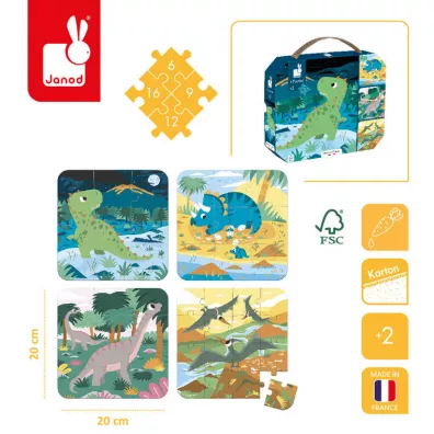 Puzzle progresywne w walizce Dinozaury 4 ukadanki – 6, 9, 12 i 16 elementw 2+, Made in France,  (stary indeks: J02657) Janod