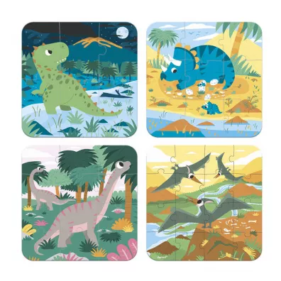 Puzzle progresywne w walizce Dinozaury 4 ukadanki – 6, 9, 12 i 16 elementw 2+, Made in France,  (stary indeks: J02657) Janod