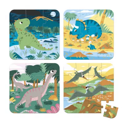 Puzzle progresywne w walizce Dinozaury 4 ukadanki – 6, 9, 12 i 16 elementw 2+, Made in France,  (stary indeks: J02657) Janod