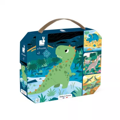 Puzzle progresywne w walizce Dinozaury 4 ukadanki – 6, 9, 12 i 16 elementw 2+, Made in France,  (stary indeks: J02657) Janod