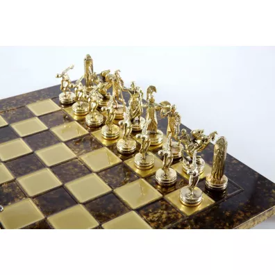 Discus Thrower Metal Chess Set, szachy, brzowa plansza 36cm Manopoulos