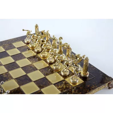 Discus Thrower Metal Chess Set, szachy, brzowa plansza 36cm Manopoulos