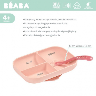 Beaba Komplet naczyń z silikonu trójdzielny talerz z przyssawką i łyżeczka Pink
