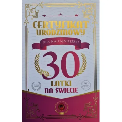 Yeku Karnet Certyfikat Urodzinowy 30 urodziny damskie