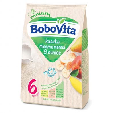 BoboVita Kaszka mleczna manna 3 owoce po 6 miesicu 230 g GRATIS