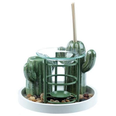 Zestaw: kominek do aromaterapii, dyfuzor zapachowy, podstawka na wiec - Kaktus