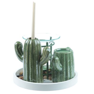 Zestaw: kominek do aromaterapii, dyfuzor zapachowy, podstawka na wiec - Kaktus