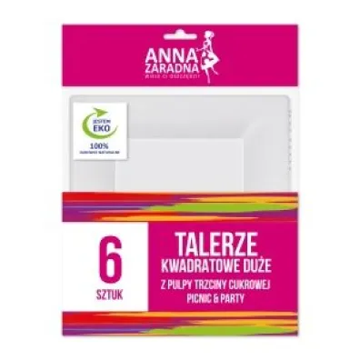 Anna Zaradna Talerze z trzciny cukrowej du�e kwadratowe 26x26 cm Picnic&party 6 szt.