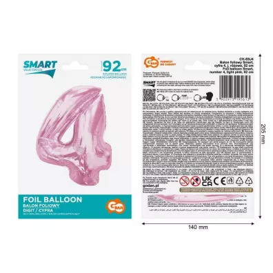 Godan Balon foliowy cyfra 4 jasnorowa Smart 92cm