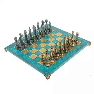 Renaissance Metal Chess Set, szachy, niebiesko-brzowe figurki, 36cm szachownica Manopoulos