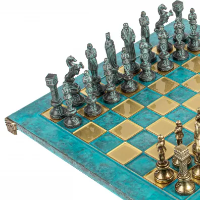 Renaissance Metal Chess Set, szachy, niebiesko-brzowe figurki, 36cm szachownica Manopoulos
