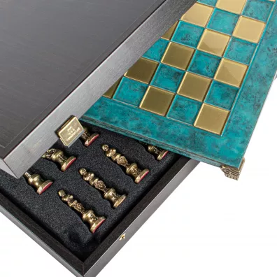 Renaissance Metal Chess Set, szachy, niebiesko-brzowe figurki, 36cm szachownica Manopoulos
