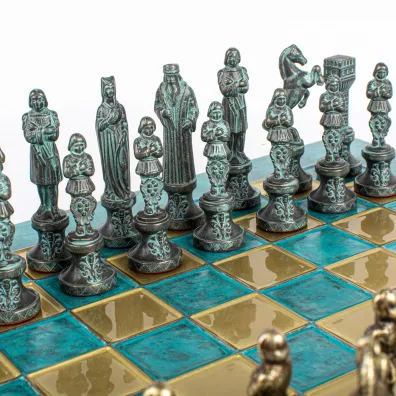 Renaissance Metal Chess Set, szachy, niebiesko-brzowe figurki, 36cm szachownica Manopoulos