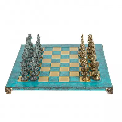 Renaissance Metal Chess Set, szachy, niebiesko-brzowe figurki, 36cm szachownica Manopoulos