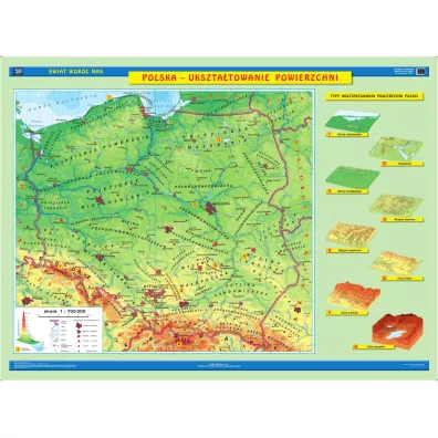 Dwustronna mapa �cienna Polski. Ukszta�towanie powierzchni. Krajobrazy