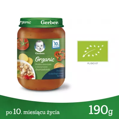 Gerber Organic Obiadek sodkie ziemniaki z warzywami i kurczakiem dla niemowlt po 10 miesicu 190 g Bio