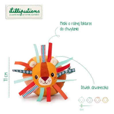 Lilliputiens Pieczka sensoryczna z dzwoneczkiem i wypustkami Lew Jack 6 m+