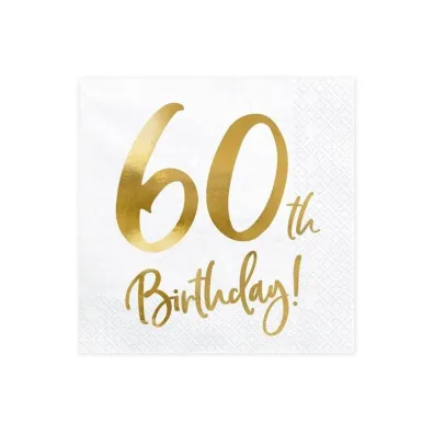 PartyDeco Serwetki 60th Birthday bia�e 33x33cm